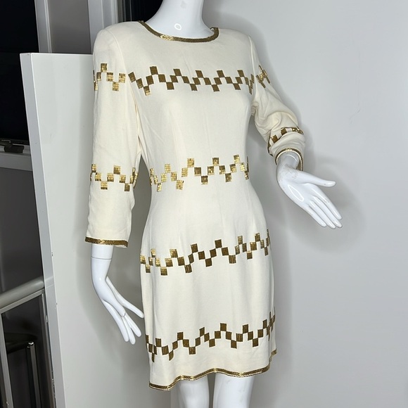 Night Line Sz 8 Cream Wool Crepe Gold Bugle Beads Dress - Picture 1 of 13
